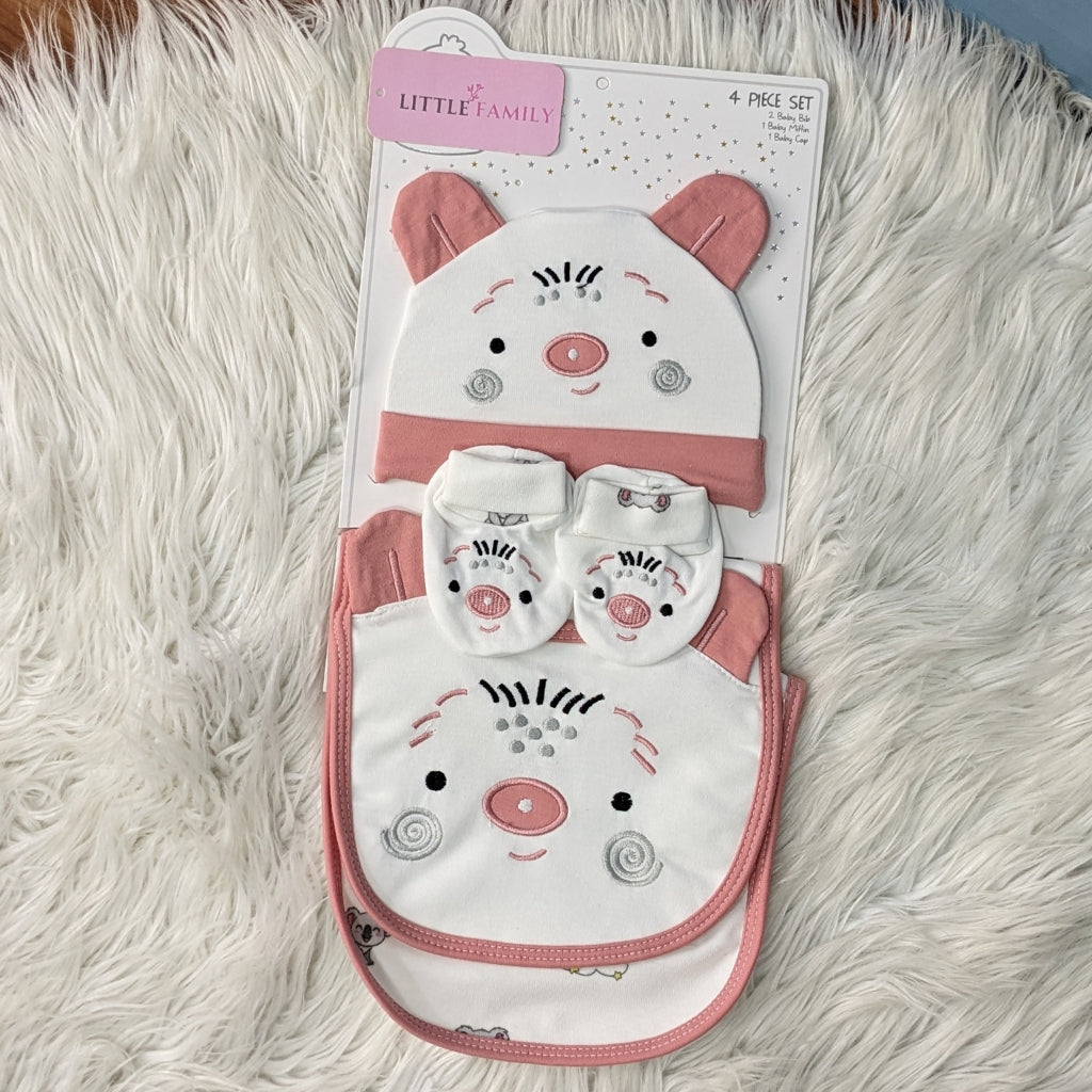 4-Piece Newborn Baby Gift Set – Cotton Bib, Mittens & Cap (Bear Design)