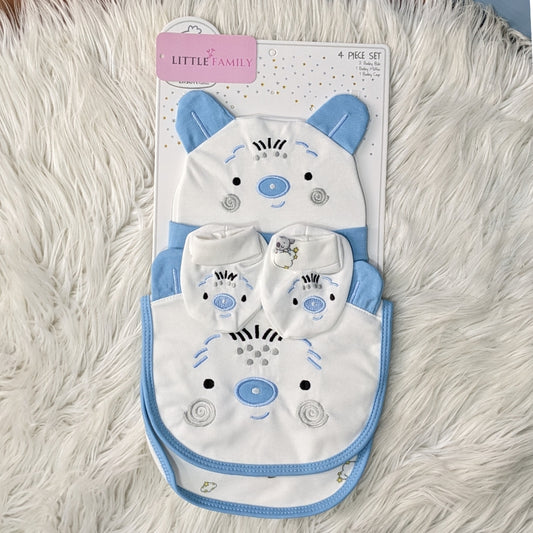 4-Piece Newborn Baby Gift Set – Cotton Bib, Mittens & Cap (Bear Design)