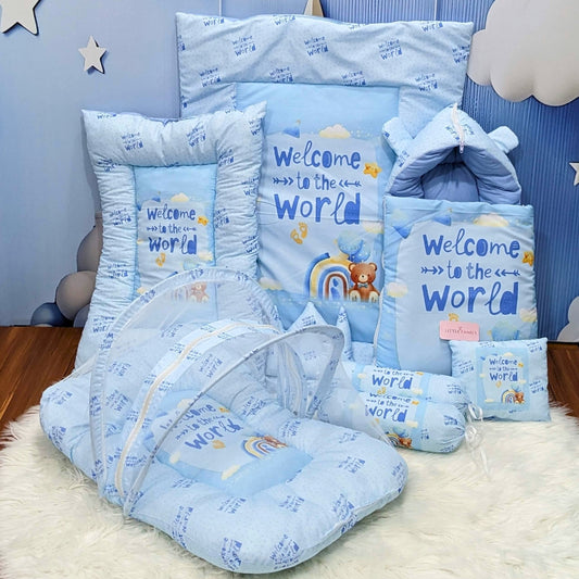 "Welcome to the World" Baby 8 PC'S Bedding Set - (Sky Blue) | Large