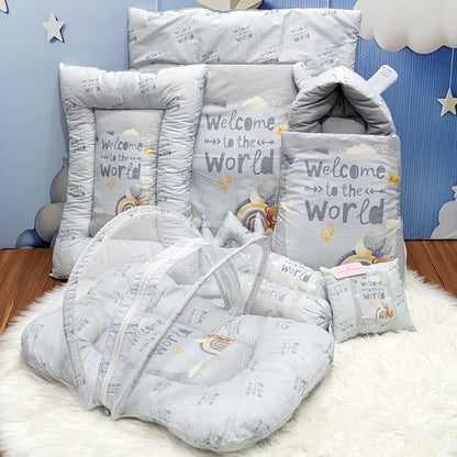 "Welcome to the World" Baby 8 PC'S Bedding Set - (Soft Grey) | Large