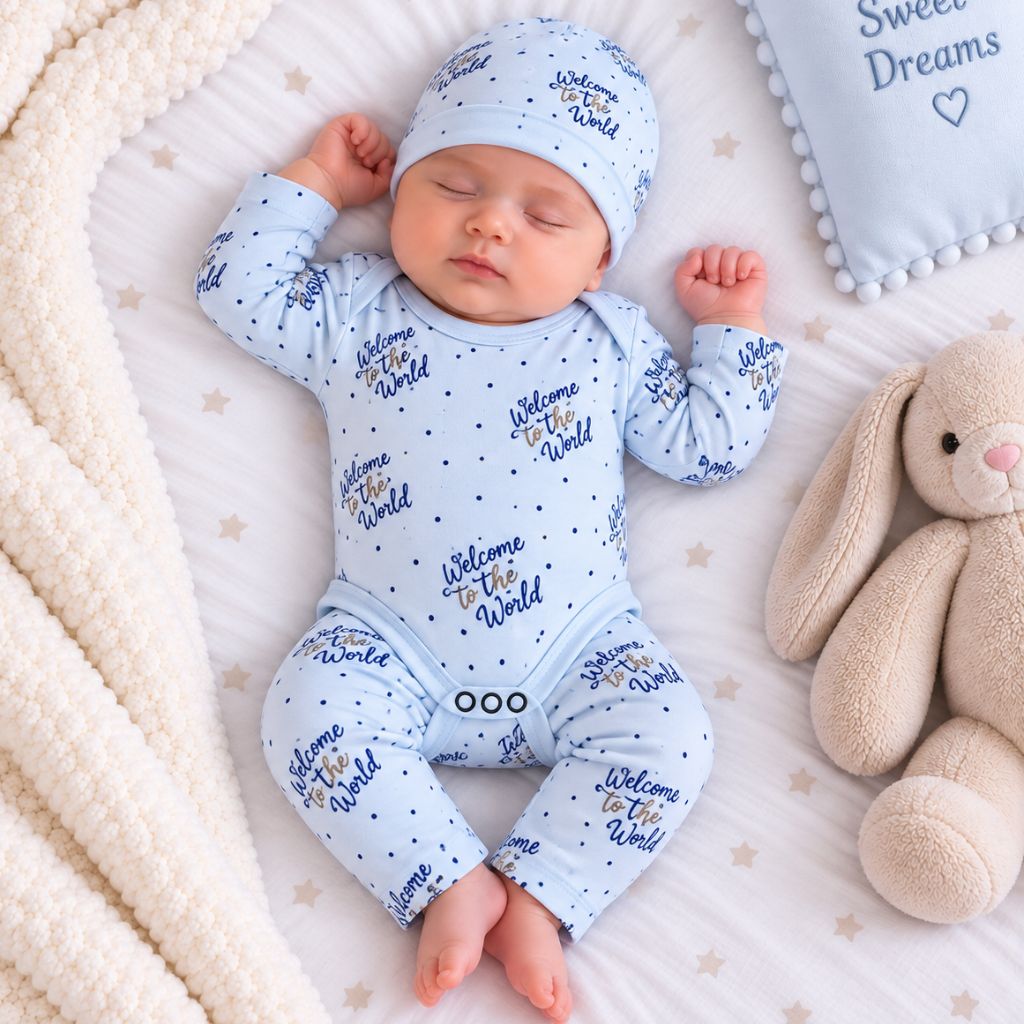 Premium 3-Piece Baby Bodysuit Set | "Welcome to the World" Theme - Blue