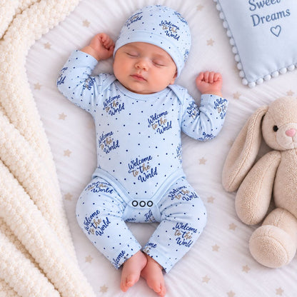 Premium 3-Piece Baby Bodysuit Set | "Welcome to the World" Theme - Blue