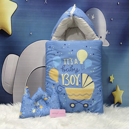 "It's a Baby Boy" Newborn Baby Carry Nest - Soft Poly Cotton | Dusky Blue