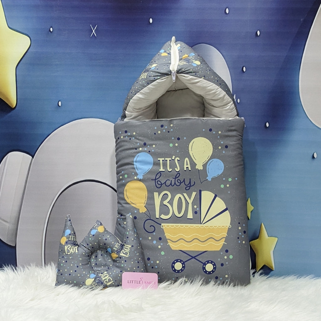"It's a Baby Boy" Newborn Baby Carry Nest - Soft Poly Cotton | Charcoal Grey