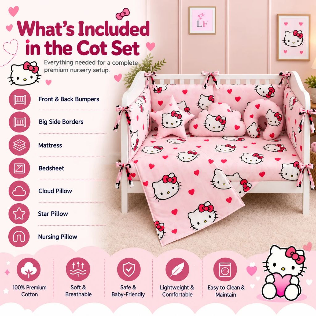 Premium Baby Cot Bedding Set - Kitty Hearts