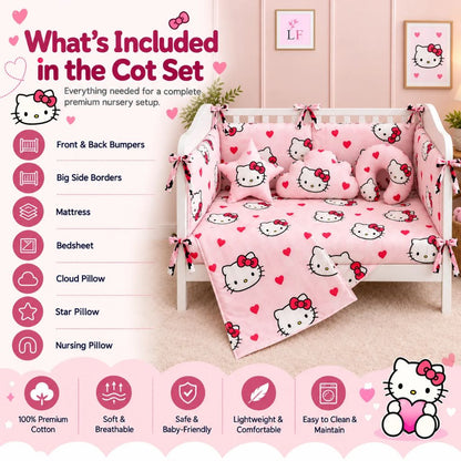 Premium Baby Cot Bedding Set - Kitty Hearts