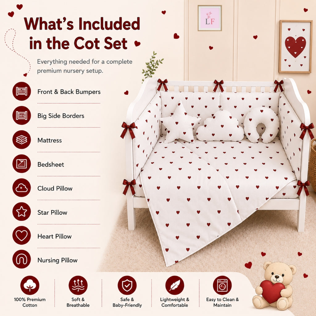 Premium Baby Cot Bedding Set - Sweet Hearts