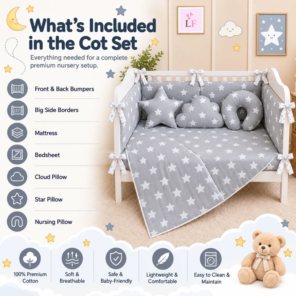 Premium Baby Cot Bedding Set - Grey Star
