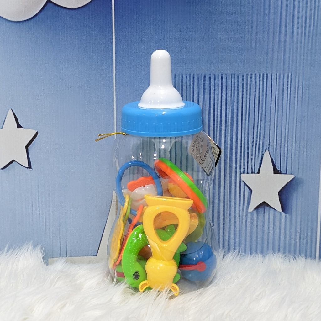 2-in-1 Baby Rattle Toy Set with Feeding Bottle Storage & Money Bank