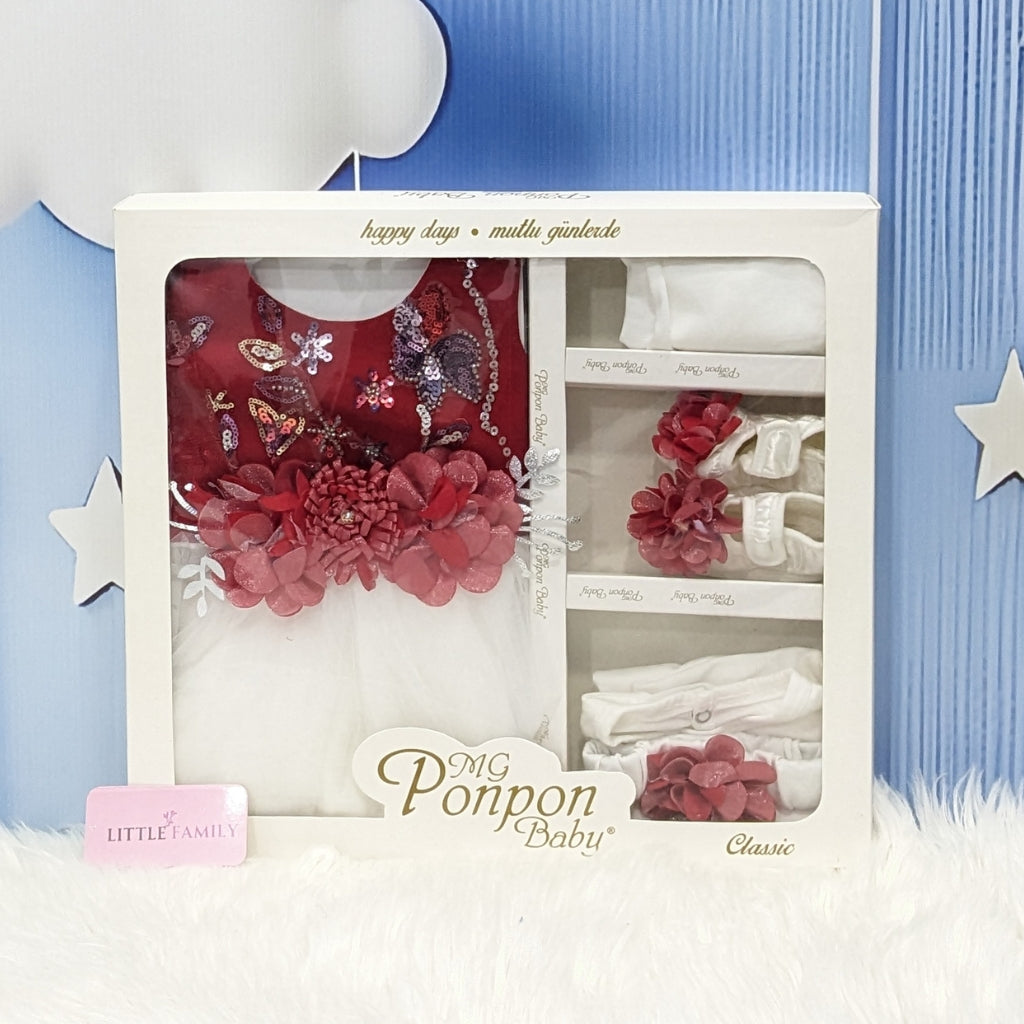 Premium Newborn Baby Frock Set | Red & White Flower