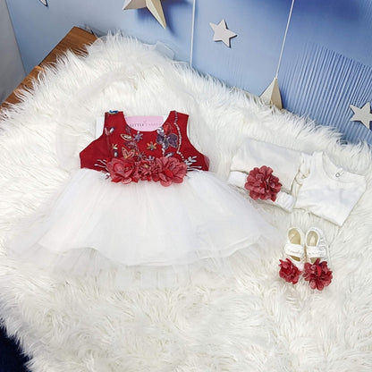 Premium Newborn Baby Frock Set | Red & White Flower