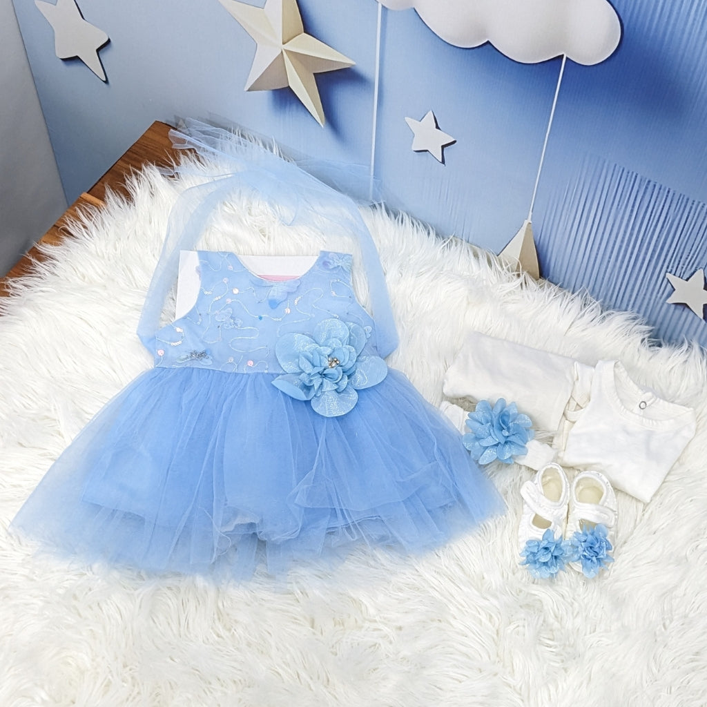 Premium Newborn Baby Frock Set | SKy Blue Flower