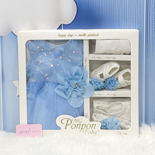 Premium Newborn Baby Frock Set | SKy Blue Flower