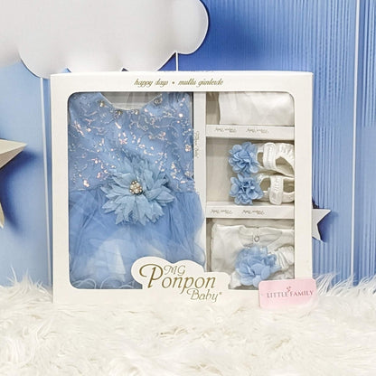 Premium Newborn Baby Frock Set | Flower - Sky Blue