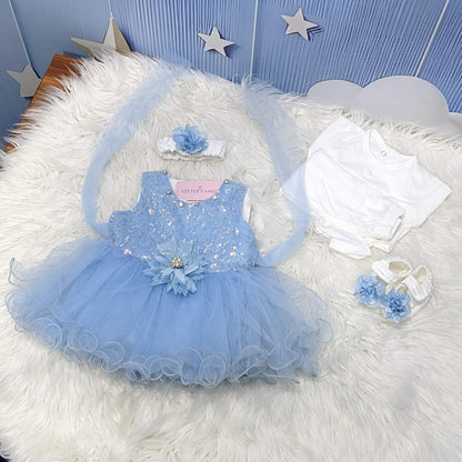 Premium Newborn Baby Frock Set | Flower - Sky Blue
