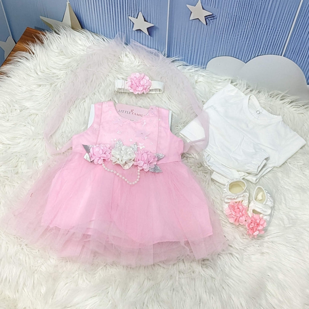 Premium Newborn Baby Frock Set | Flower Chain - Pink