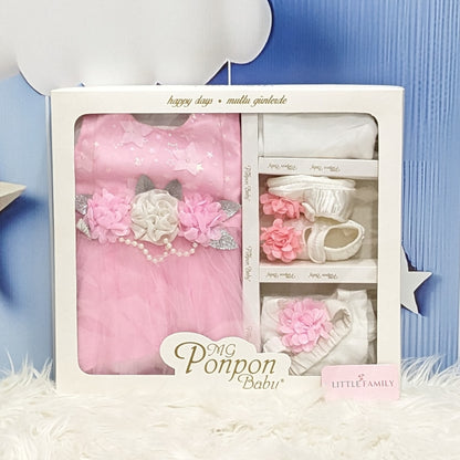 Premium Newborn Baby Frock Set | Flower Chain - Pink