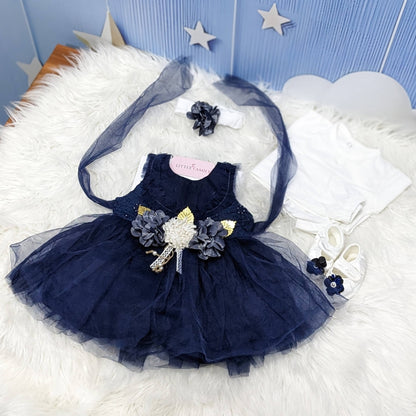 Premium Newborn Baby Frock Set | Navy Blue