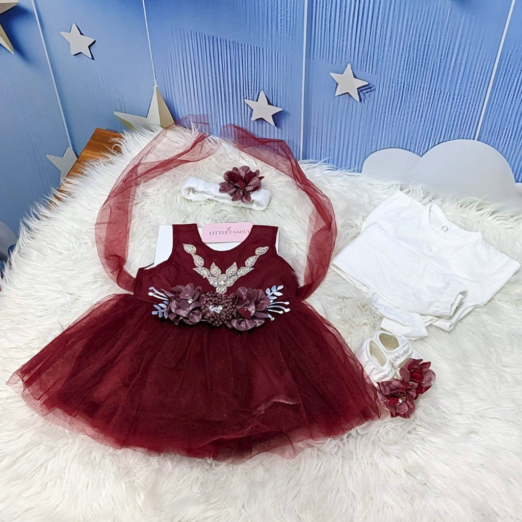Premium Newborn Baby Frock Set | Princess Edition - Maroon