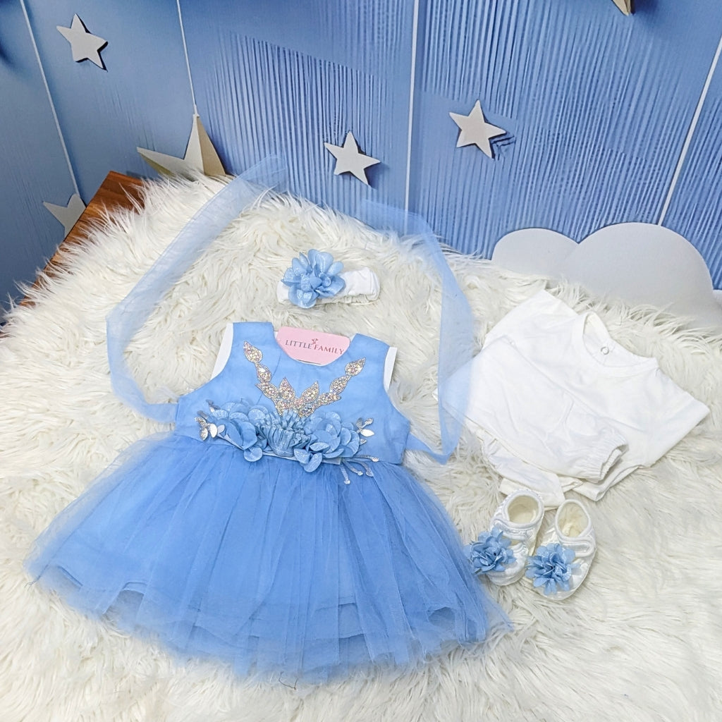 Premium Newborn Baby Frock Set | Princess Edition - Sky Blue