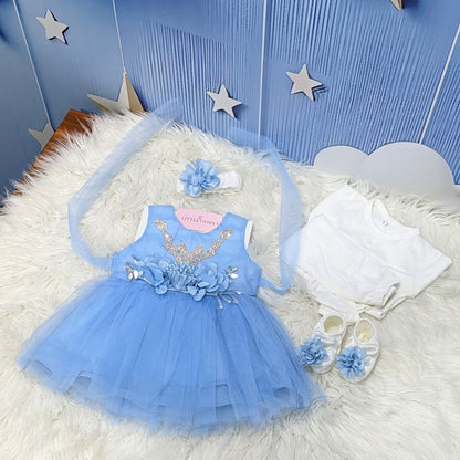 Premium Newborn Baby Frock Set | Princess Edition - Sky Blue