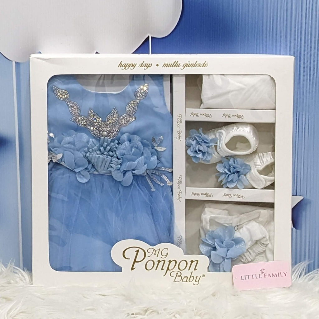 Premium Newborn Baby Frock Set | Princess Edition - Sky Blue