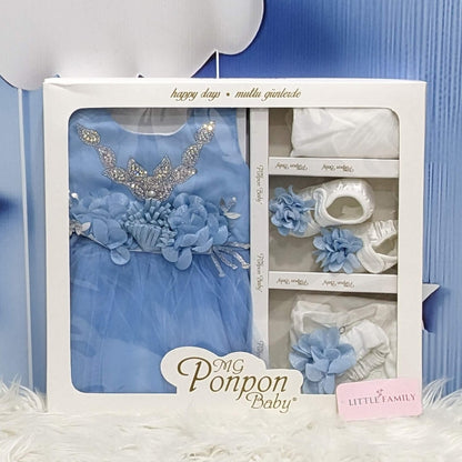 Premium Newborn Baby Frock Set | Princess Edition - Sky Blue