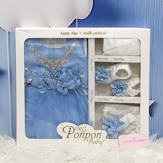 Premium Newborn Baby Frock Set | Princess Edition - Sky Blue