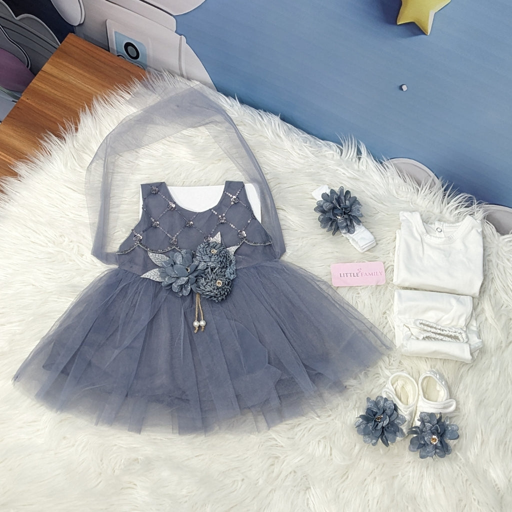 Premium Newborn Baby Frock Set | Steel Gray