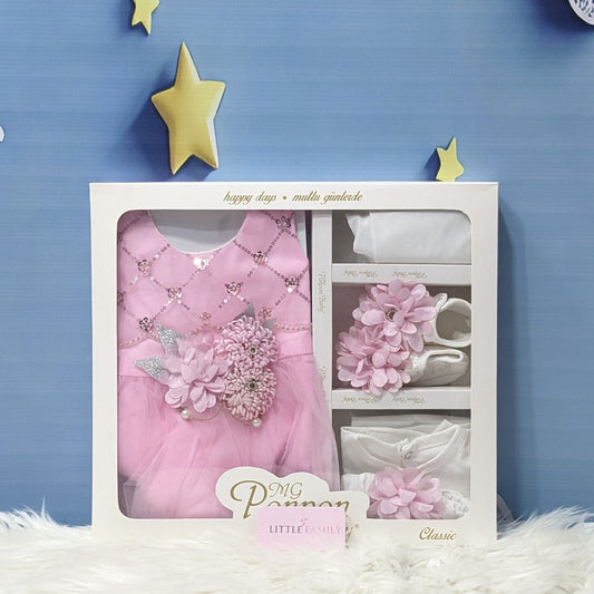 Premium Newborn Baby Frock Set | Pink Flower Pattern