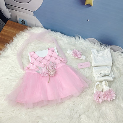 Premium Newborn Baby Frock Set | Pink Flower Pattern