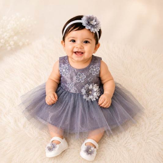 Premium Newborn Baby Frock Set | Grey