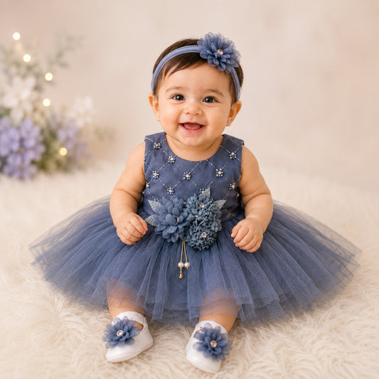 Premium Newborn Baby Frock Set | Steel Gray