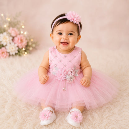 Premium Newborn Baby Frock Set | Pink Flower Pattern