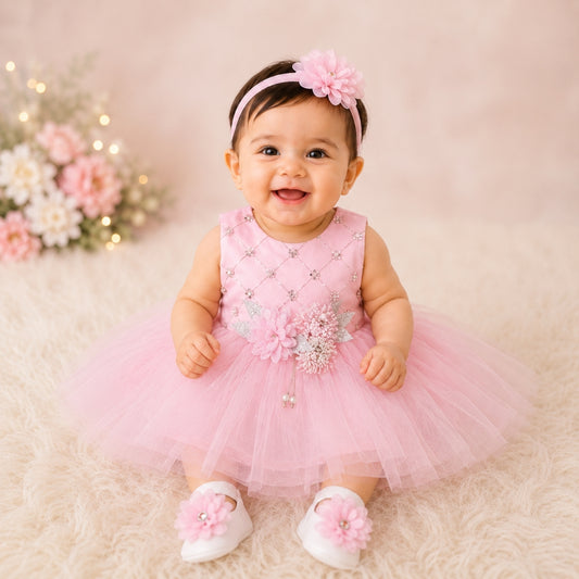 Premium Newborn Baby Frock Set | Pink Flower Pattern