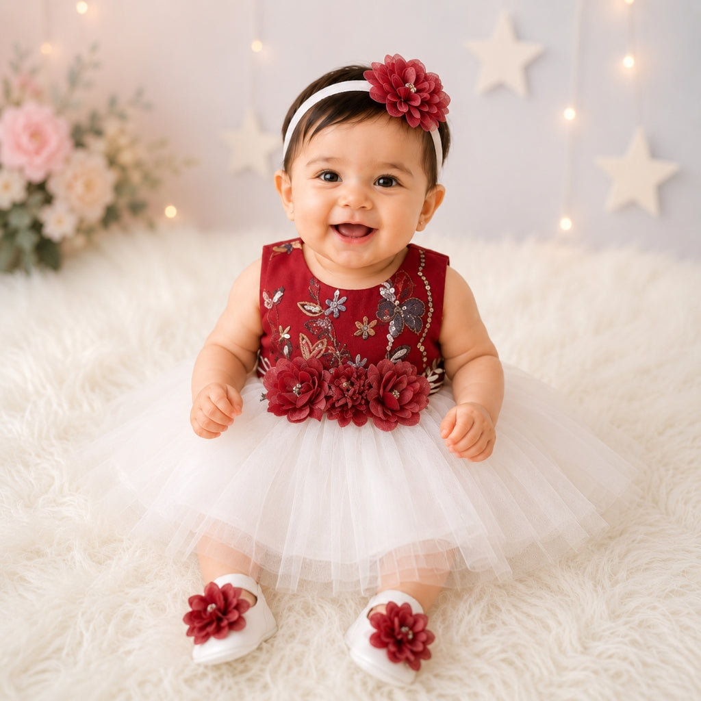 Premium Newborn Baby Frock Set | Red & White Flower