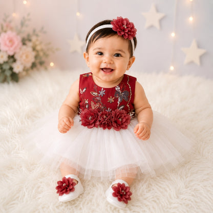 Premium Newborn Baby Frock Set | Red & White Flower