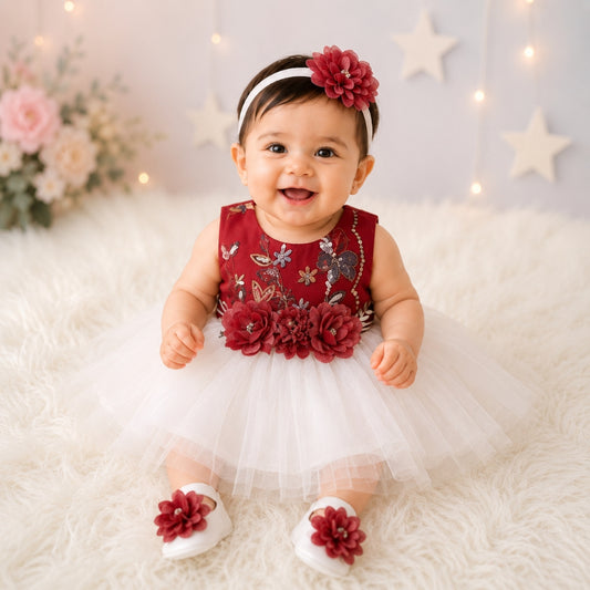 Premium Newborn Baby Frock Set | Red & White Flower