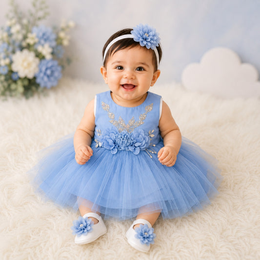 Premium Newborn Baby Frock Set | Princess Edition - Sky Blue