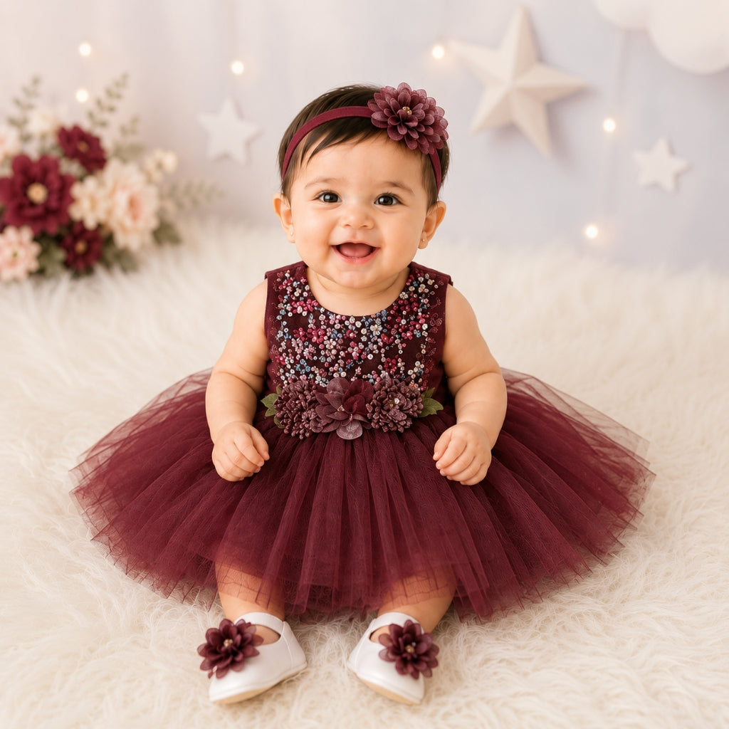 Premium Newborn Baby Frock Set | Maroon Flowers