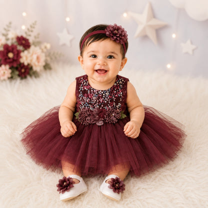 Premium Newborn Baby Frock Set | Maroon Flowers