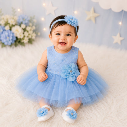 Premium Newborn Baby Frock Set | Sky Blue Flower