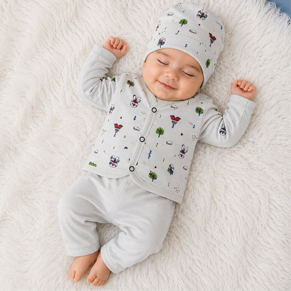 Newborn 3-Piece Cotton Outfit - Grey Kitty