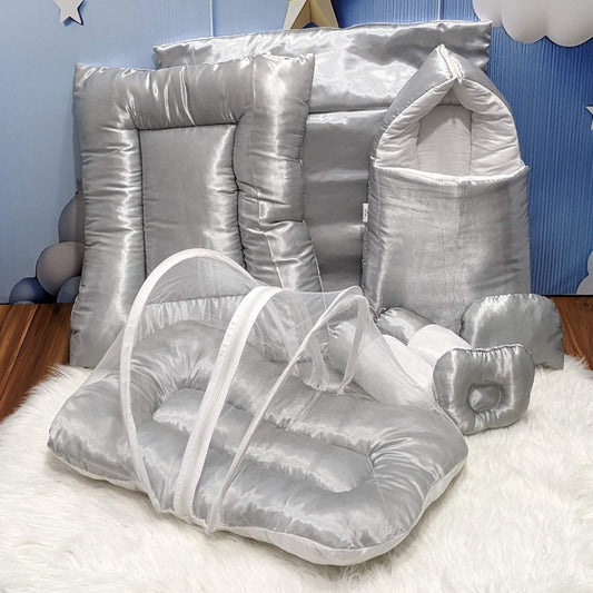 Premium Silk Baby Bedding Set - 8 Pieces (Grey)