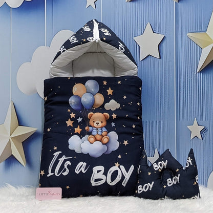 "It's a Boy" Newborn Baby Carry Nest - Soft Poly Cotton | Navy Blue