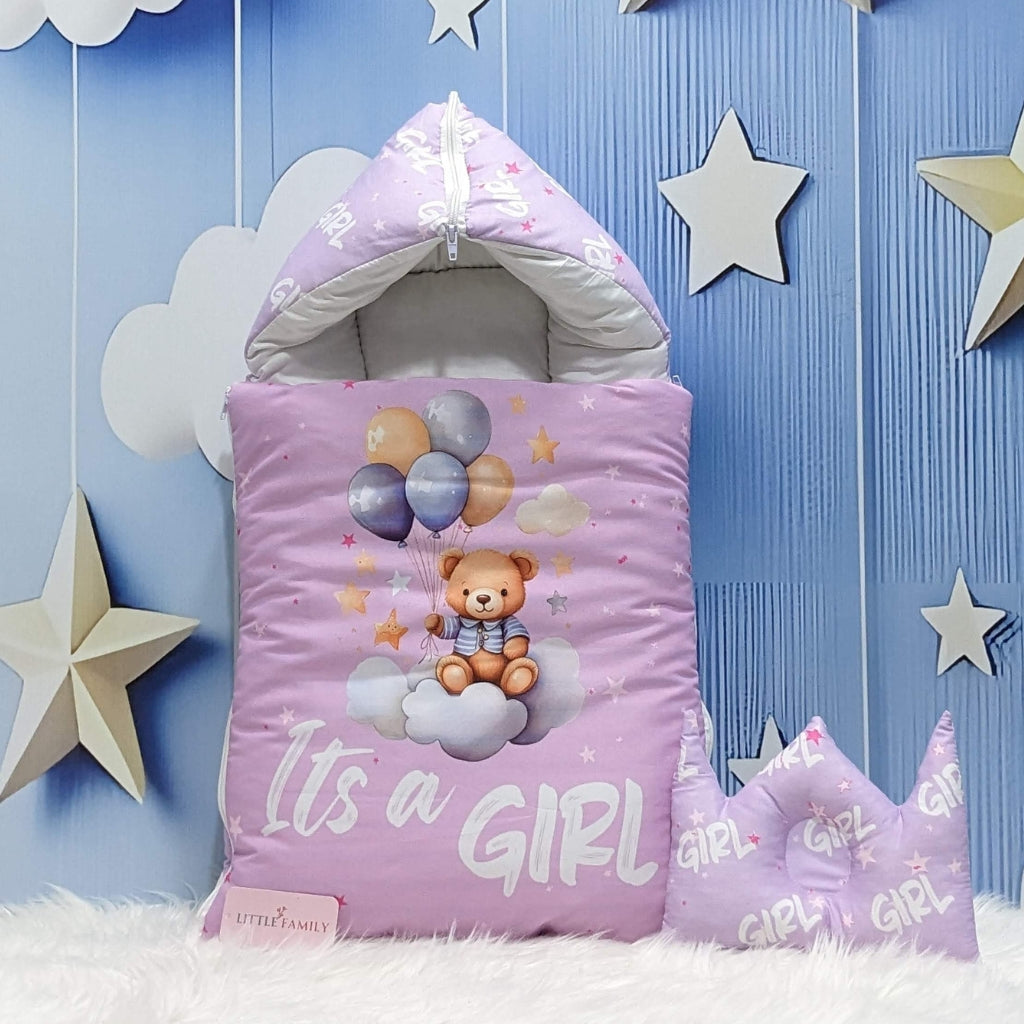"It's a Girl" Newborn Baby Carry Nest - Soft Poly Cotton | Lavendar