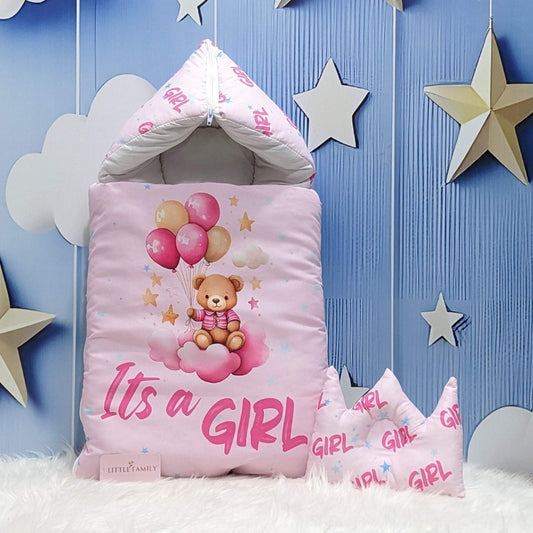 "It's a Girl" Newborn Baby Carry Nest - Soft Poly Cotton | Pink