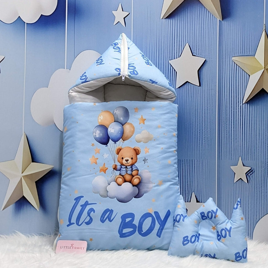 "It's a Boy" Newborn Baby Carry Nest - Soft Poly Cotton | Sky Blue