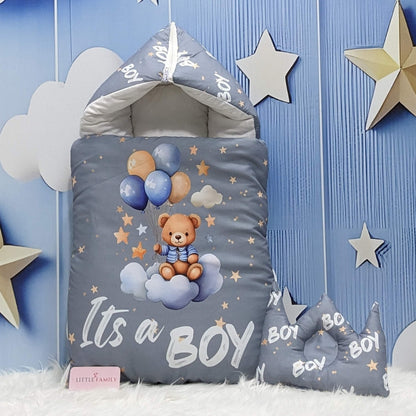 "It's a Boy" Newborn Baby Carry Nest - Soft Poly Cotton | Grey