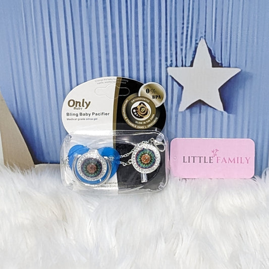 Luxury Bling Baby Pacifier with Matching Chain - Blue Flowers